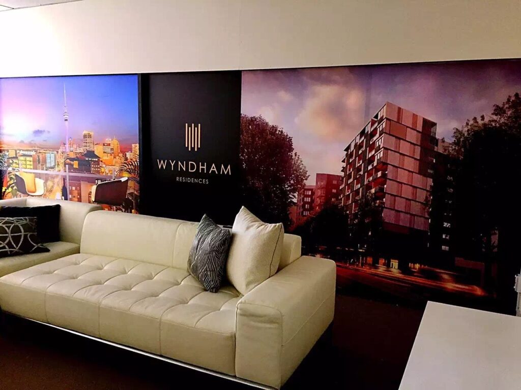 Showroom lounge with large printed wall graphics