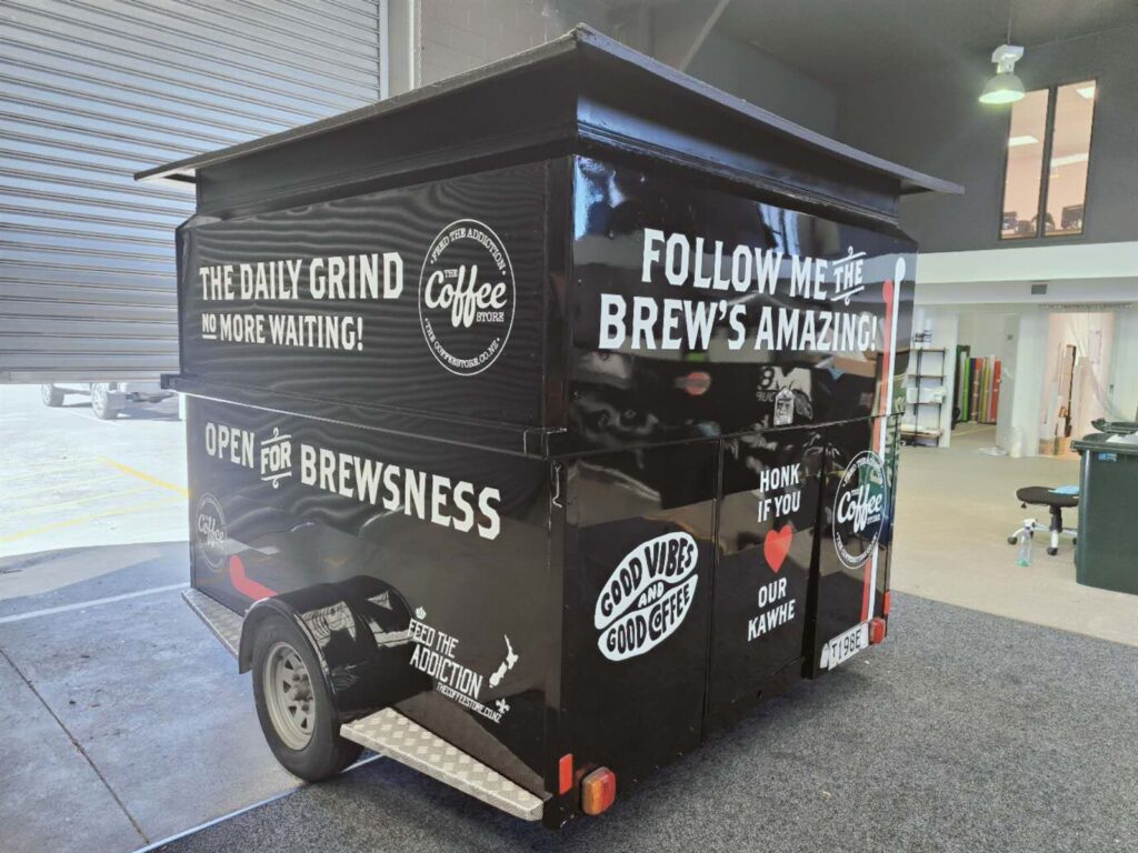 Coffee trailer wrapped in printed graphics