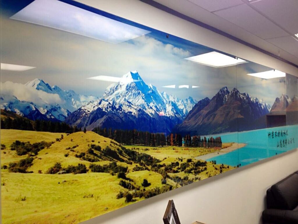 Full width printed wall mural in a fitted out interior