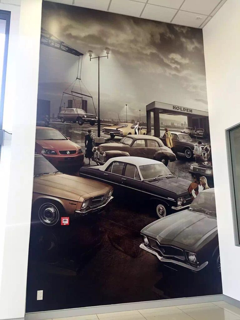 Printed feature wall installed in a showroom interior