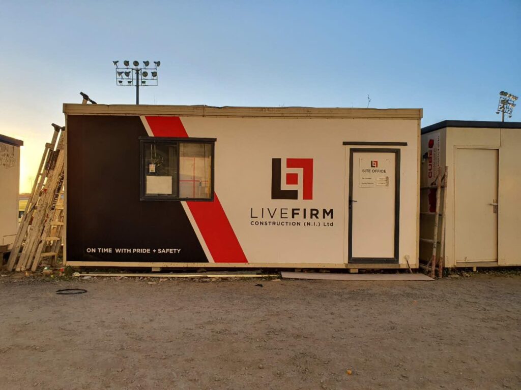Site office branded with printed graphics